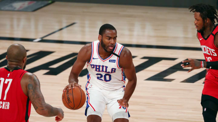 LAKE BUENA VISTA, FLORIDA – AUGUST 14: Alec Burks #20 of the Philadelphia 76ers (Photo by Kim Klement – Pool/Getty Images)