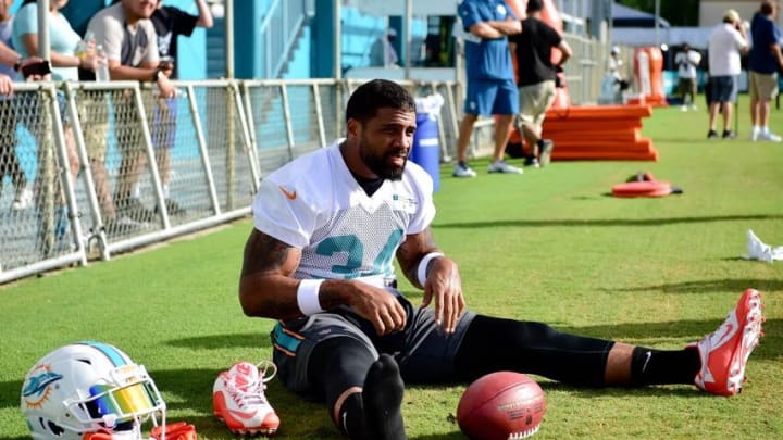 Aug 4, 2016; Miami Gardens, FL, USA; Miami Dolphins running back Arian Foster (34) during practice drills at Baptist Health Training Facility. Mandatory Credit: Steve Mitchell-USA TODAY Sports