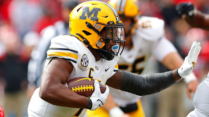 ATHENS, GA – NOVEMBER 06: Tyler Badie #1 of the Missouri Tigers rushes in the first half against the Georgia Bulldogs at Sanford Stadium on November 6, 2021 in Athens, Georgia. (Photo by Todd Kirkland/Getty Images)