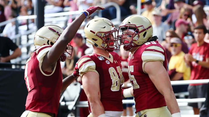CHESTNUT HILL, MASSACHUSETTS – SEPTEMBER 07: Korab Idrizi #85 of the Boston College Eagles celebrates after scoring a touchdown during the first half against the Richmond Spiders at Alumni Stadium on September 07, 2019 in Chestnut Hill, Massachusetts. (Photo by Tim Bradbury/Getty Images)