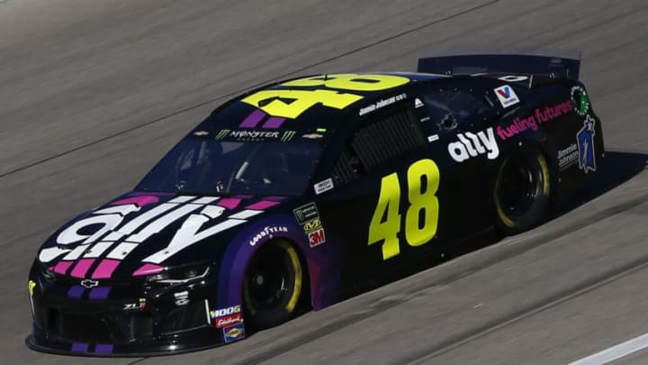 KANSAS CITY, KANSAS - OCTOBER 18: Jimmie Johnson, driver of the #48 Ally Fueling Futures Chevrolet, practices for the Monster Energy NASCAR Cup Series Hollywood Casino 400 at Kansas Speedway on October 18, 2019 in Kansas City, Kansas. (Photo by Jonathan Ferrey/Getty Images)