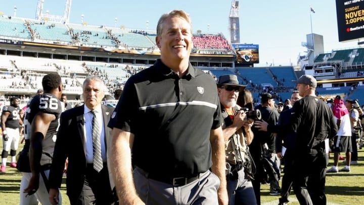 Oct 23, 2016; Jacksonville, FL, USA; Oakland Raiders head coach Jack Del Rio walks off the field after a game against the Jacksonville Jaguars at EverBank Field. Oakland Raiders won 33-16. Mandatory Credit: Logan Bowles-USA TODAY Sports