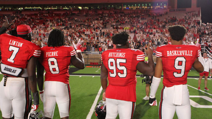 Sep 16, 2023; Lubbock, Texas, USA; Texas Tech Red Raiders defensive back Steve Linton (7), defensive back Josiah Pierre (8), defensive tackle Jaylon Hutchings (95) and defensive back C.J. Baskerville (9) after the game against the Tarleton State Texans at Jones AT&T Stadium and Cody Campbell Field. Mandatory Credit: Michael C. Johnson-USA TODAY Sports