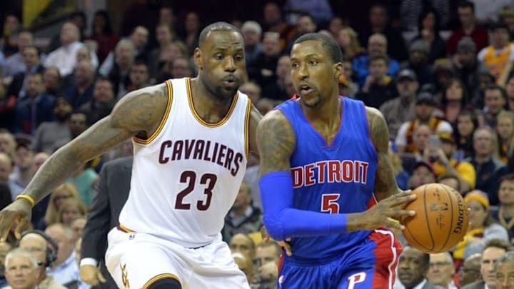 Feb 22, 2016; Cleveland, OH, USA; Detroit Pistons guard Kentavious Caldwell-Pope (5) dribbles against Cleveland Cavaliers forward LeBron James (23) in the first quarter at Quicken Loans Arena. Mandatory Credit: David Richard-USA TODAY Sports Feb 22, 2016; Cleveland, OH, USA; Detroit Pistons guard Kentavious Caldwell-Pope (5) dribbles against Cleveland Cavaliers forward LeBron James (23) in the first quarter at Quicken Loans Arena. Mandatory Credit: David Richard-USA TODAY Sports