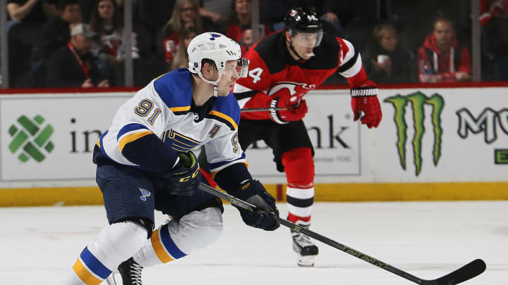 NEWARK, NJ – MARCH 30: Vladimir Tarasenko #91 of the St. Louis Blues skates during an NHL hockey game against the New Jersey Devils at the Prudential Center in Newark, New Jersey. Blues won 3-2. (Photo by Paul Bereswill/Getty Images) NHL DFS