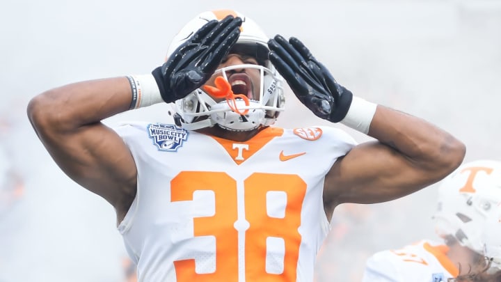 Dec 30, 2021; Nashville, TN, USA; Tennessee Volunteers linebacker Solon Page III (38) takes the field against the Purdue Boilermakers during the first half at Nissan Stadium. Mandatory Credit: Steve Roberts-USA TODAY Sports