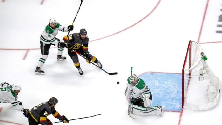 William Carrier #28 of the Vegas Golden Knights attempts a shot on Anton Khudobin #35 of the Dallas Stars during the first period in Game One of the Western Conference Final. (Photo by Bruce Bennett/Getty Images)