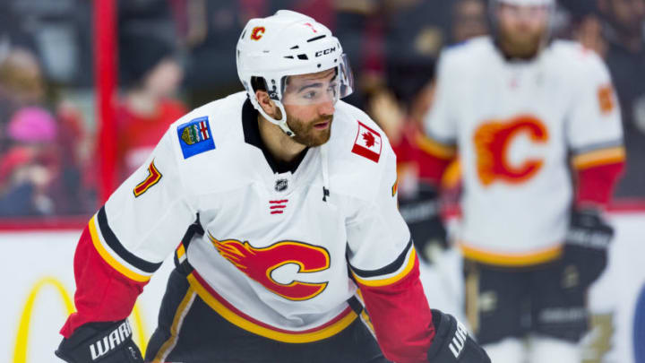 OTTAWA, ON - MARCH 09: Calgary Flames Defenceman T.J. Brodie (7) warm-up before National Hockey League action between the Calgary Flames and Ottawa Senators on March 9, 2018, at Canadian Tire Centre in Ottawa, ON, Canada. (Photo by Richard A. Whittaker/Icon Sportswire via Getty Images)