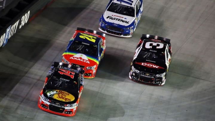 Aug 22, 2015; Bristol, TN, USA; Sprint Cup Series driver Tony Stewart (14), driver Jeff Gordon (24), driver Austin Dillon (3) and Sprint Cup Series driver Ricky Stenhouse Jr. (17) during the Irwin Tools Night Race at Bristol Motor Speedway. Mandatory Credit: Peter Casey-USA TODAY Sports