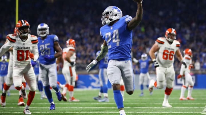 DETROIT, MI - NOVEMBER 12: Nevin Lawson #24 of the Detroit Lions recovers a fumble and runs it back for a touchdown against the Cleveland Browns during the second quarter at Ford Field on November 12, 2017 in Detroit, Michigan. (Photo by Gregory Shamus/Getty Images)