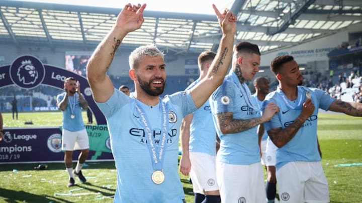 BRIGHTON, ENGLAND - MAY 12: Sergio Aguero of Manchester City celebrates becoming 2019 Champions after the Premier League match between Brighton & Hove Albion and Manchester City at American Express Community Stadium on May 12, 2019 in Brighton, United Kingdom. (Photo by Matthew Ashton - AMA/Getty Images)