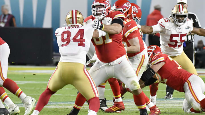 MIAMI, FLORIDA – FEBRUARY 02: Stefen Wisniewski #61 of the Kansas City Chiefs blocks Solomon Thomas #94 of the San Francisco 49ers in Super Bowl LIV at Hard Rock Stadium on February 02, 2020 in Miami, Florida. The Chiefs won the game 31-20. (Photo by Focus on Sport/Getty Images)