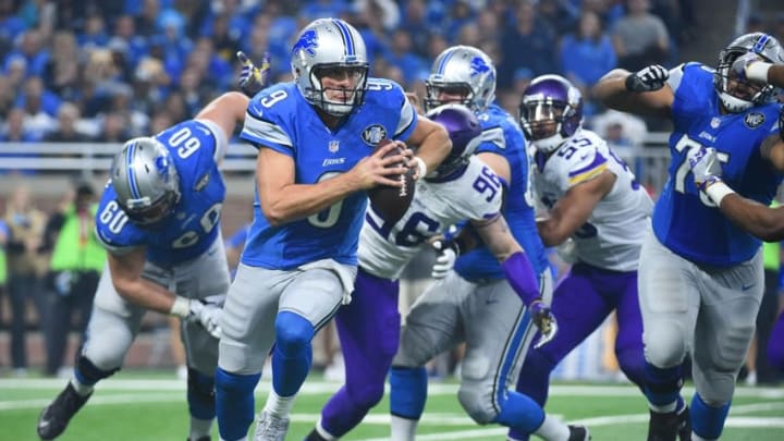 Nov 24, 2016; Detroit, MI, USA; Detroit Lions quarterback Matthew Stafford (9) runs the ball during the fourth quarter of a NFL game on Thanksgiving against the Minnesota Vikings at Ford Field. Mandatory Credit: Tim Fuller-USA TODAY Sports