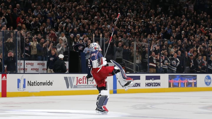 Dec 31, 2019; Columbus, Ohio, USA; Columbus Blue Jackets goalie Elvis Merzlikins (90) salutes the crowd after the game against the Florida Panthers at Nationwide Arena. Mandatory Credit: Russell LaBounty-USA TODAY Sports