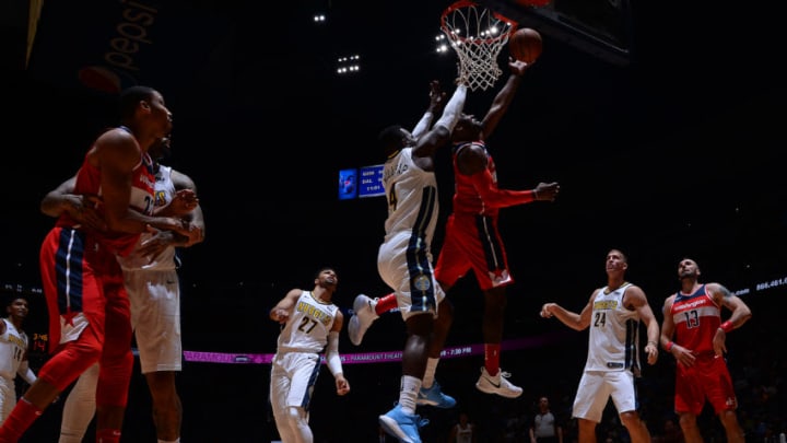 DENVER, CO - October 23: John Wall #2 of the Washington Wizards goes for a lay up against the Denver Nuggets on October 23, 2017 at the Pepsi Center in Denver, Colorado. NOTE TO USER: User expressly acknowledges and agrees that, by downloading and/or using this photograph, user is consenting to the terms and conditions of the Getty Images License Agreement. Mandatory Copyright Notice: Copyright 2017 NBAE (Photo by Bart Young/NBAE via Getty Images)