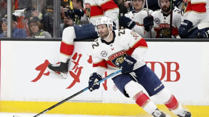 BOSTON, MA - MARCH 07: Florida Panthers right wing Troy Brouwer (22) looks to pass during a game between the Boston Bruins and the Florida Panthers on March 7, 2019, at TD Garden in Boston, Massachusetts. (Photo by Fred Kfoury III/Icon Sportswire via Getty Images)