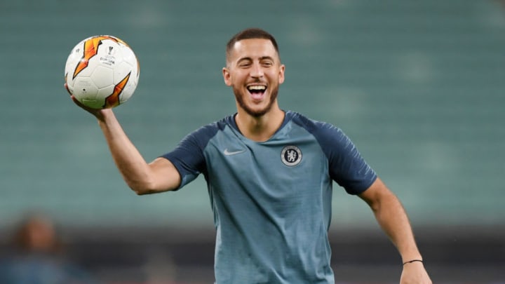 BAKU, AZERBAIJAN - MAY 28: Eden Hazard of Chelsea laughs during the Chelsea FC training session on the eve of the UEFA Europa League Final against Arsenal at Baku Olimpiya Stadion on May 28, 2019 in Baku, Azerbaijan. (Photo by Shaun Botterill/Getty Images)
