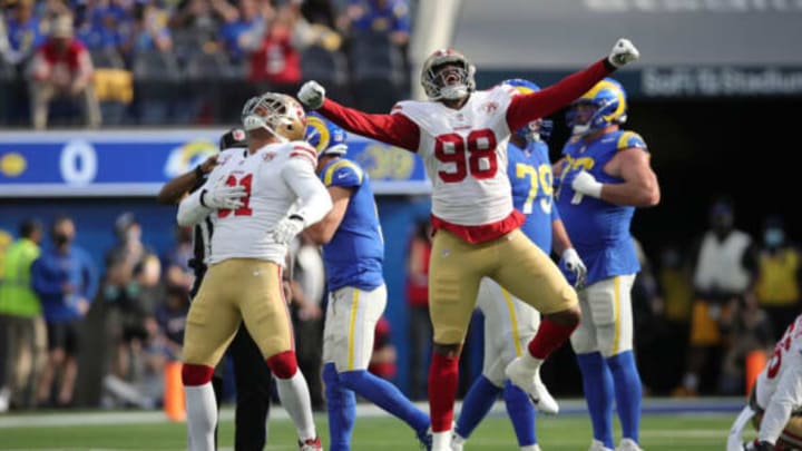 INGLEWOOD, CA – JANUARY 9: Arden Key #98 of the San Francisco 49ers celebrates after sacking the quarterback during the game against the Los Angeles Rams at SoFi Stadium on January 9, 2022 in Inglewood, California. The 49ers defeated the Rams 27-24. (Photo by Michael Zagaris/San Francisco 49ers/Getty Images)