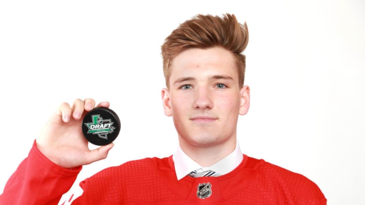 DALLAS, TX - JUNE 23: Ryan O'Reilly poses after being selected 98th overall by the Detroit Red Wings during the 2018 NHL Draft at American Airlines Center on June 23, 2018 in Dallas, Texas. (Photo by Tom Pennington/Getty Images)