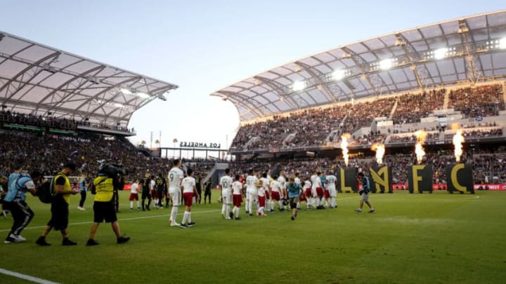 LOS ANGELES, CA - JULY 26: The two teams enter the field of play prior to the MLS match between LAFC and LA Galaxy at Banc of California Stadium on July 26, 2018 in Los Angeles, California. (Photo by Matthew Ashton - AMA/Getty Images)