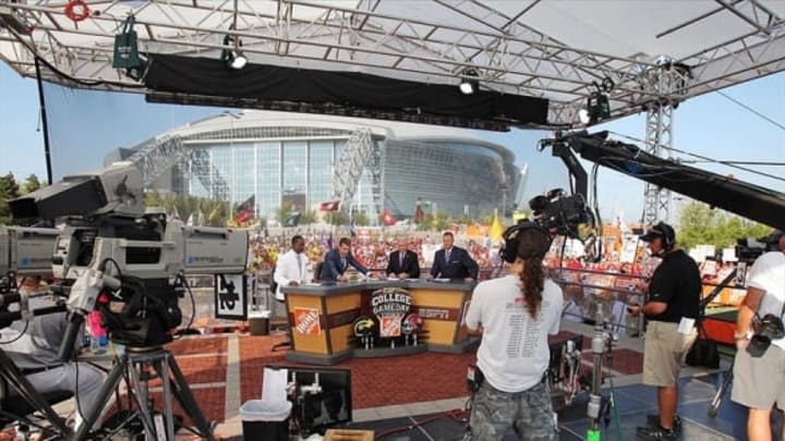 Sep 1, 2012; Arlington, TX, USA; A general view of the set of ESPN College Gameday before the game between the Alabama Crimson Tide and the Michigan Wolverines at Cowboys Stadium. From left Desmond Howard , Chris Fowler , Lee Corso and Kirk Herbstreit. Mandatory Credit: Kevin Jairaj-USA TODAY Sports