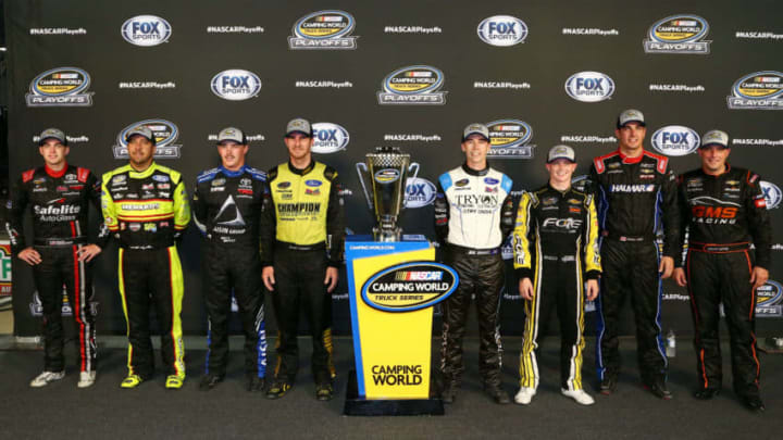 BRISTOL, TN - AUGUST 16: Contenders for the championship pose for a photo after the NASCAR Camping World Truck Series UHOH 200 at Bristol Motor Speedway on August 16, 2018 in Bristol, Tennessee. (Photo by Sarah Crabill/Getty Images)