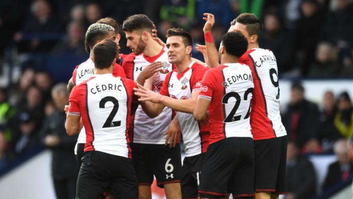 WEST BROMWICH, ENGLAND – FEBRUARY 17: Pierre-Emile Hojbjerg of Southampton celebrates with teammates after scoring his sides first gocelebrates scoring his sides first try during the The Emirates FA Cup Fifth Round between West Bromwich Albion v Southampton at The Hawthorns on February 17, 2018 in West Bromwich, England. (Photo by Michael Regan/Getty Images)