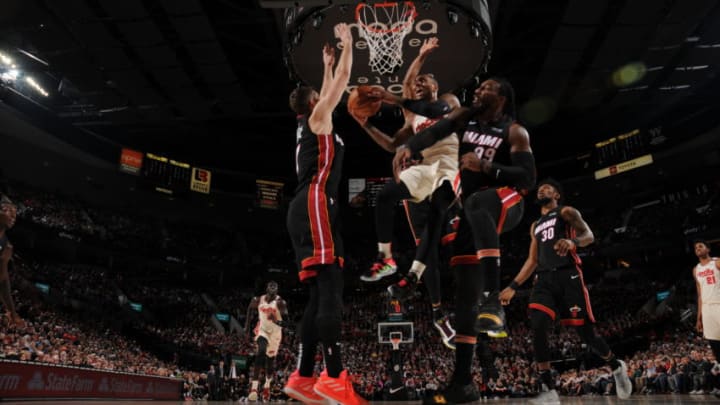 Damian Lillard #0 of the Portland Trail Blazers shoots the ball against the Miami Heat(Photo by Cameron Browne/NBAE via Getty Images)
