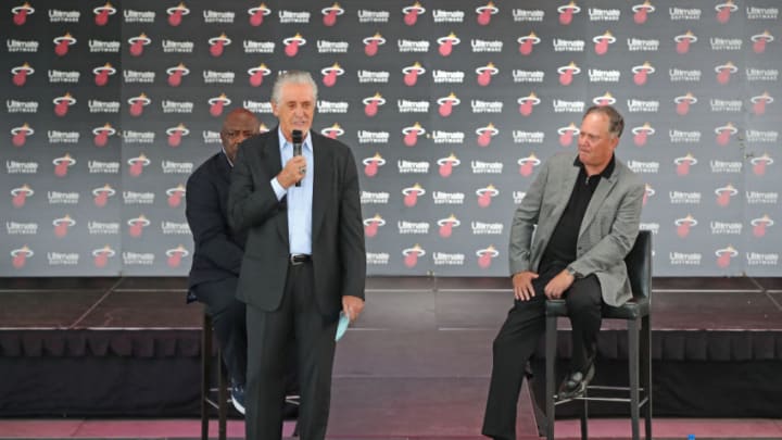 MIAMI, FL - SEPTEMBER 21: Pat Riley, President of the Miami Heat, and Scott Scherr, Ultimate Software Founder, President and CEO, speak on stage during the announcement of the Miami Heat jersey sponsorship with Ultimate Software on September 21, 2017 in Miami, Florida. NOTE TO USER: User expressly acknowledges and agrees that, by downloading and/or using this photograph, user is consenting to the terms and conditions of the Getty Images License Agreement. Mandatory copyright notice: Copyright NBAE 2017 (Photo by Issac Baldizon/NBAE via Getty Images)