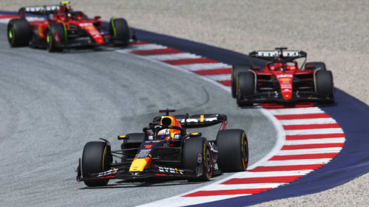 Max Verstappen, Red Bull, Charles Leclerc and Carlos Sainz Jr., Ferrari, Formula 1 (Photo by Lars Baron/Getty Images)