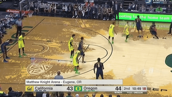 California @ Oregon - Brown scoring out the PNR, off dribble handoff, nice slashing ability, quick first step, explosion to turn corner, good shot fake, finish through contact