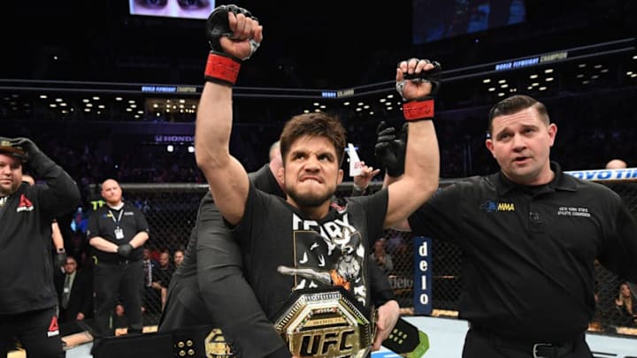 NEW YORK, NY - JANUARY 19: Henry Cejudo celebrates his TKO victory over TJ Dillashaw in their flyweight bout during the UFC Fight Night event at the Barclays Center on January 19, 2019 in the Brooklyn borough of New York City. (Photo by Josh Hedges/Zuffa LLC/Zuffa LLC via Getty Images)