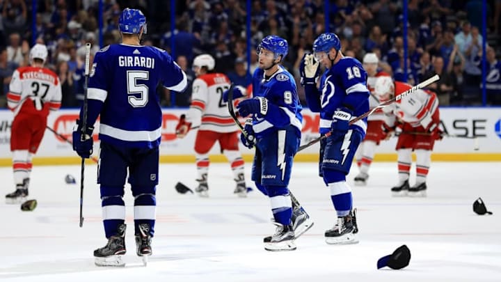 TAMPA, FL - OCTOBER 16: Tyler Johnson #9 of the Tampa Bay Lightning celebrates his third goal during a game against the Carolina Hurricanes at Amalie Arena on October 16, 2018 in Tampa, Florida. (Photo by Mike Ehrmann/Getty Images)