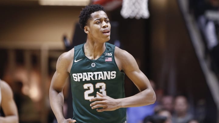 WEST LAFAYETTE, IN – FEBRUARY 09: Deyonta Davis #23 of the Michigan State Spartans jogs up the court during the game against the Purdue Boilermakers at Mackey Arena on February 9, 2016 in West Lafayette, Indiana. (Photo by Michael Hickey/Getty Images)