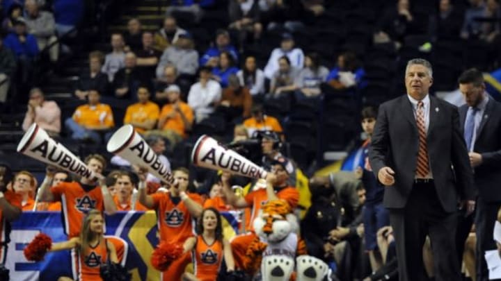 Mar 12, 2015; Nashville, TN, USA; Auburn Tigers coach Bruce Pearl during the first half of the second round against the Texas A&M Aggies in the SEC Conference Tournament at Bridgestone Arena. Mandatory Credit: Christopher Hanewinckel-USA TODAY Sports