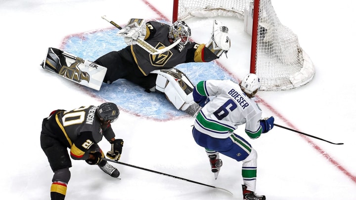 Robin Lehner makes an incredible stop versus a streaking Brock Boeser (Photo by Bruce Bennett/Getty Images)