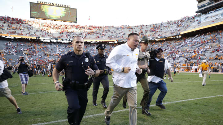 KNOXVILLE, TN – SEPTEMBER 30: Tennessee Volunteers head coach Butch Jones leaves the field after a game against the Georgia Bulldogs at Neyland Stadium on September 30, 2017 in Knoxville, Tennessee. Georgia won 41-0. (Photo by Joe Robbins/Getty Images)