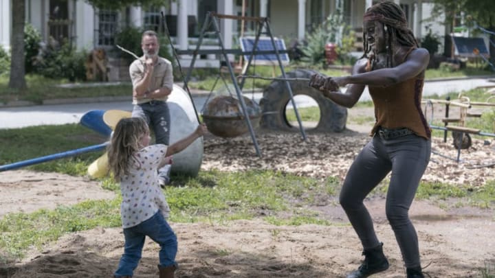 Andrew Lincoln as Rick Grimes, Chloe Garcia-Frizzi as Judith Grimes, Danai Gurira as Michonne - The Walking Dead _ Season 9, Episode 3 - Photo Credit: Gene Page/AMC