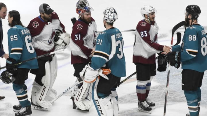 SAN JOSE, C0 - MAY 08: Colorado Avalanche goaltender Philipp Grubauer (31) greets San Jose Sharks goaltender Martin Jones (31) in the hand shake line after the Sharks defeated the AVS 3-2 at the SAP Center winning game seven of the Stanley Cup Western Conference semifinals May 08, 2019. (Photo by Andy Cross/MediaNews Group/The Denver Post via Getty Images)