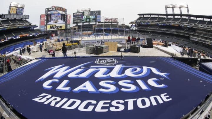 FLUSHING, NY - DECEMBER 31: Winter Classic logo displayed on New York Mets dugout during practice for the the New York Rangers and Buffalo Sabres Winter Classic NHL game on December 31, 2017, at Citi Field in Flushing, NY. (Photo by John Crouch/Icon Sportswire via Getty Images)
