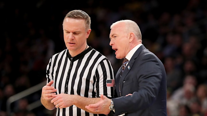 NEW YORK, NY – MARCH 03: Head Coach Pat Chambers of the Penn State Nittay Lions has a conversation with an official in the first half during semifinals of the Big 10 Basketball Tournament at Madison Square Garden on March 3, 2018 in New York City. (Photo by Abbie Parr/Getty Images)