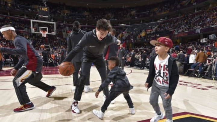 CLEVELAND, OH – JANUARY 26: Cedi Osman #16 of the Cleveland Cavaliers warms up with fans before the game against the Indiana Pacers on January 26, 2018 at Quicken Loans Arena in Cleveland, Ohio. NOTE TO USER: User expressly acknowledges and agrees that, by downloading and/or using this Photograph, user is consenting to the terms and conditions of the Getty Images License Agreement. Mandatory Copyright Notice: Copyright 2018 NBAE (Photo by David Liam Kyle/NBAE via Getty Images)