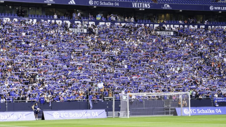 GELSENKIRCHEN, GERMANY - JULY 22: Fans of Schalke 04 during the Pre-Season Club Friendly Match between FC Schalke 04 and FC Twente at the VELTINS-Arena on July 22, 2023 in Gelsenkirchen, Germany (Photo by Jeroen Meuwsen/BSR Agency/GettyImages)