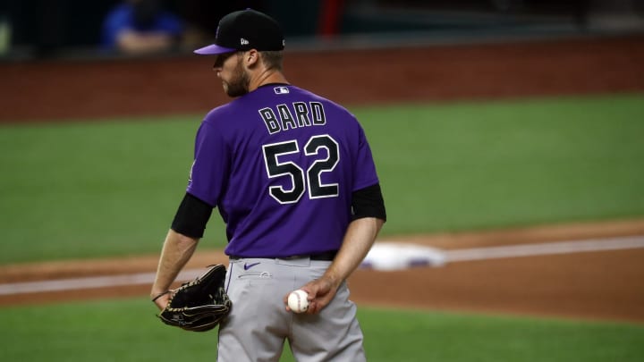 ARLINGTON, TEXAS – JULY 21: Daniel Bard #52 of the Colorado Rockies during a MLB exhibition game at Globe Life Field on July 21, 2020 in Arlington, Texas. (Photo by Ronald Martinez/Getty Images)