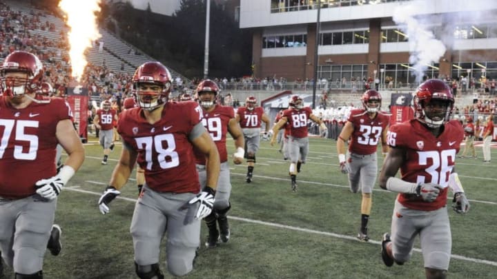 PULLMAN, WA – SEPTEMBER 02: the WSU Cougar players come onto the field prior to the game between the Montana State Bobcats and the Washington State Cougars played on September 2, 2017, at Martin Stadium in Pullman, WA. (Photo by Robert Johnson/Icon Sportswire via Getty Images)