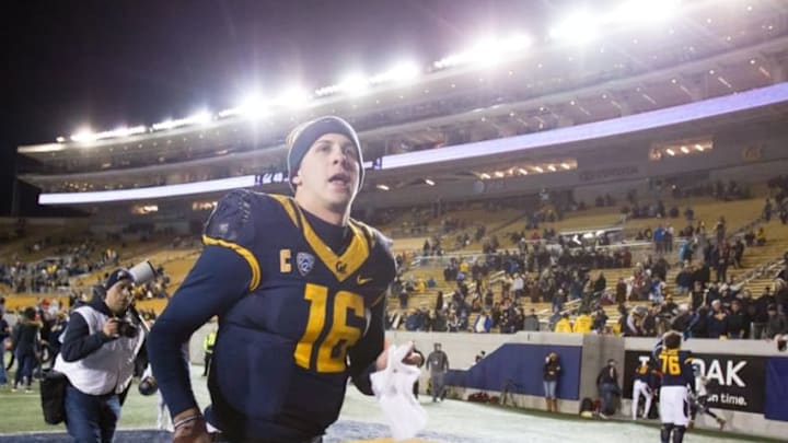 Nov 28, 2015; Berkeley, CA, USA; California Golden Bears quarterback Jared Goff (16) walks off the field after the win against the Arizona State Sun Devils at Memorial Stadium. The California Golden Bears defeated the Arizona State Sun Devils 48-46. Mandatory Credit: Kelley L Cox-USA TODAY Sports