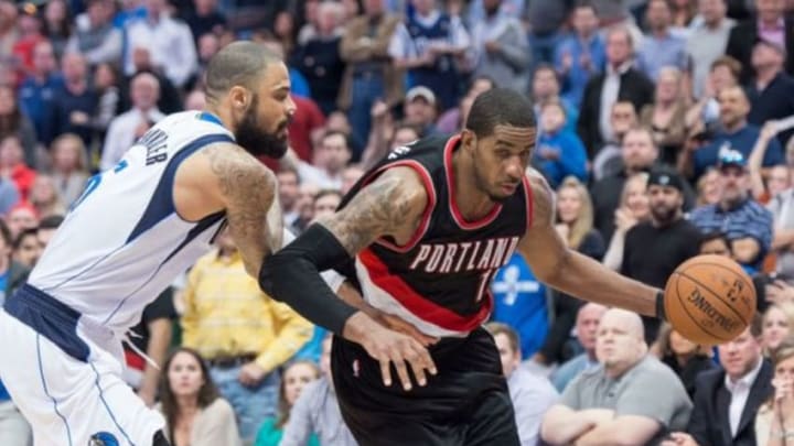 Feb 7, 2015; Dallas, TX, USA; Dallas Mavericks center Tyson Chandler (6) guards Portland Trail Blazers forward LaMarcus Aldridge (12) during the game at the American Airlines Center. The Mavericks defeated the Trail Blazers 111-101 in overtime. Mandatory Credit: Jerome Miron-USA TODAY Sports