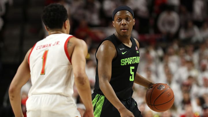 COLLEGE PARK, MARYLAND – FEBRUARY 29: Cassius Winston #5 of the Michigan State Spartans dribbles against the Maryland Terrapins during the first half at Xfinity Center on February 29, 2020 in College Park, Maryland. (Photo by Patrick Smith/Getty Images)