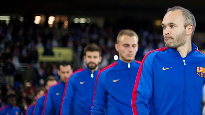 SAN SEBASTIAN, SPAIN - JANUARY 19: Andres Iniesta of FC Barcelona looks on prior to the Copa del Rey Quarter Final, First Leg match between Real Sociedad de Futbol and FC Barcelona at Estadio Anoeta on January 19, 2017 in San Sebastian, Spain. (Photo by Juan Manuel Serrano Arce/Getty Images)