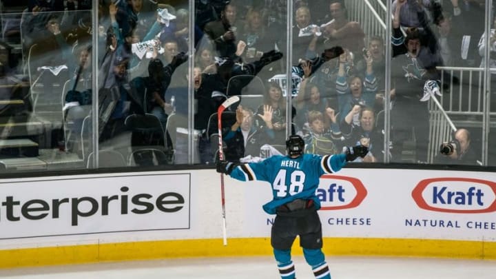 May 19, 2016; San Jose, CA, USA; San Jose Sharks center Tomas Hertl (48) celebrates after scoring against the St. Louis Blues in the first period of game three of the Western Conference Final of the 2016 Stanley Cup Playoffs at SAP Center at San Jose. The Sharks won 3-0. Mandatory Credit: John Hefti-USA TODAY Sports